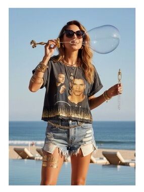 new Upcycled Vintage LF ☀︎︎ Ricky Martin Gold Medallion Embellished Band Tee ☀︎︎